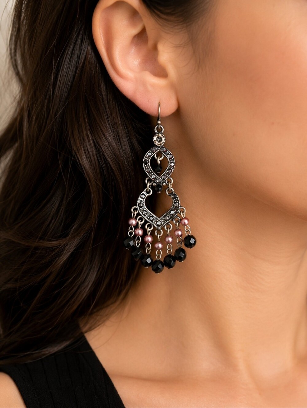 Boho Chandelier Earrings Black Crystal Beads Rhinestone Dangle Statement Earring